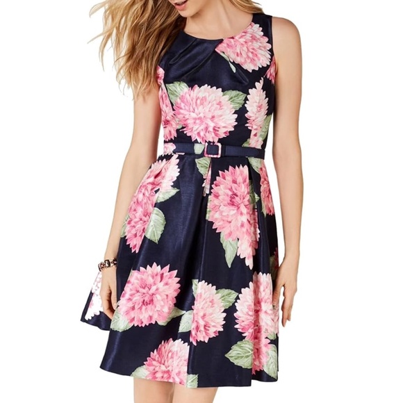 Jessica Howard Cocktail Dress Navy Floral Print Sleeveless Scoop Neck Size 8 - Picture 2 of 15